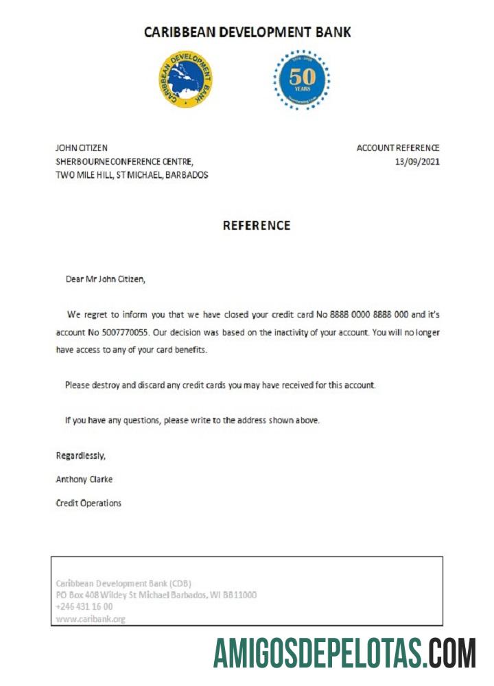 Referência de encerramento do Banco de Desenvolvimento do Caribe de Barbados baixar para verificação